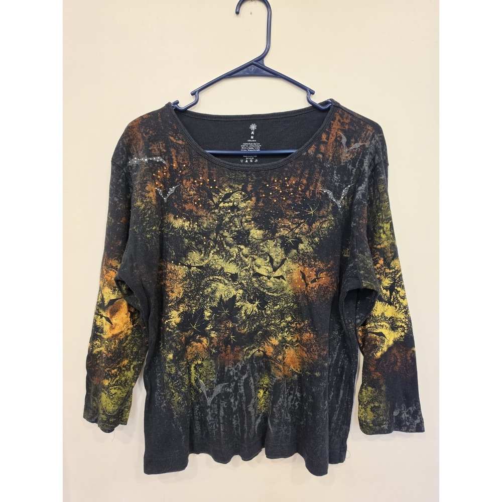 Women's Bat Graphic Long Sleeve Top Medium Black Halloween Gothic Whimsigoth